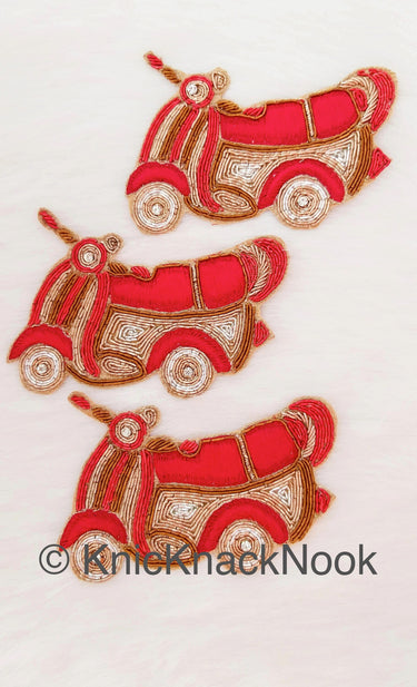 Hand Embroidered Motor Scooter Applique In Red, Gold And Silver Zardozi Threadwork, Motorcycle Motif